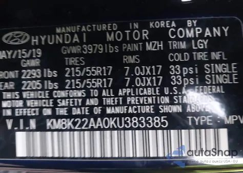2019 Hyundai Kona Sel from USA, damaged, VIN KM8K22AA0KU383385